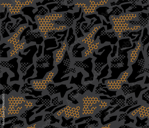 Geometric Camouflage hexagon abstract seamless pattern, Military Camouflage repeat pattern design for Army background, printing clothes, fabrics, sport jersey texture, poster, cards and wallpaper