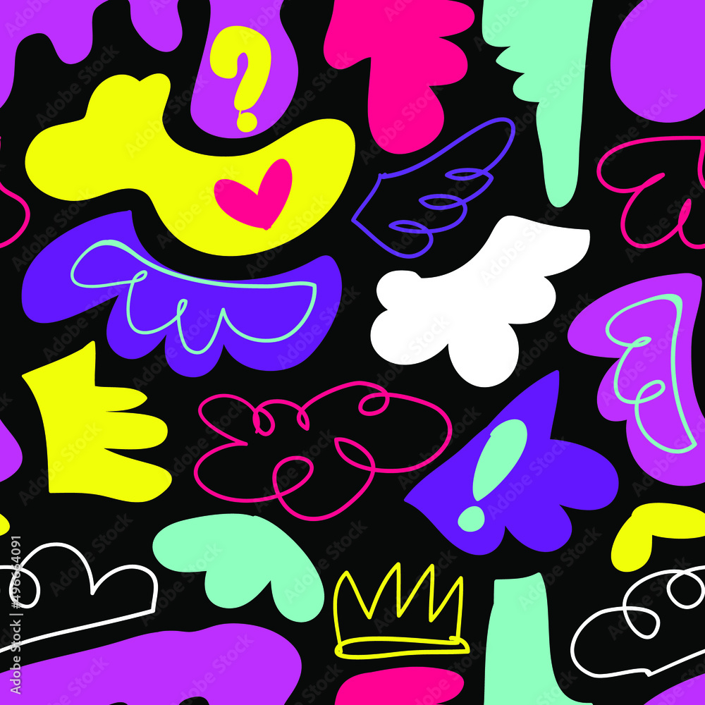 Abstract seamless cartoon pattern. Colorful Kids repeat print with clouds, crown, wings, spots, exclamation sign and question mark.