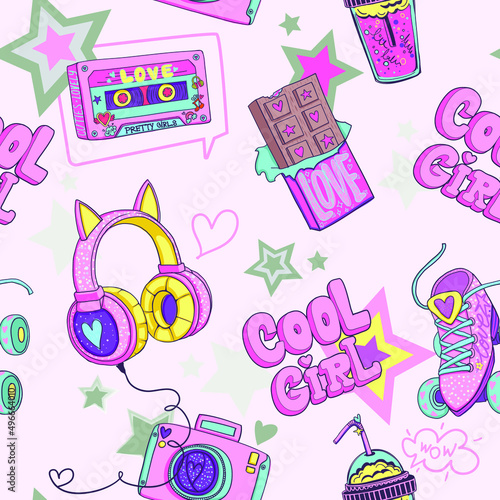seamless pattern with girl accessories. Comics sign set. Endless girlish things ornament.