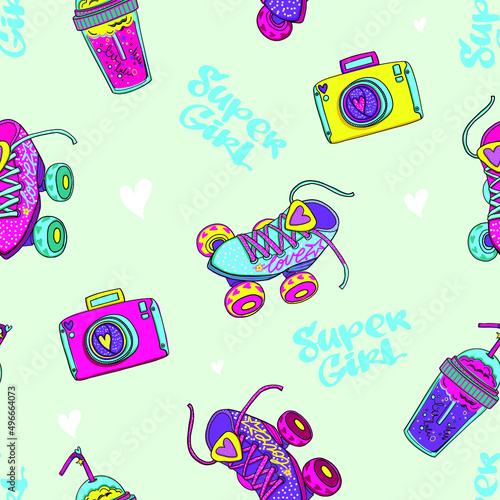 Abstract seamless girlish pattern with comics set elements roller Skates, photo camera, cocktail glasses, calligraphic word Super girl. Endless 80s teenagers girlish print