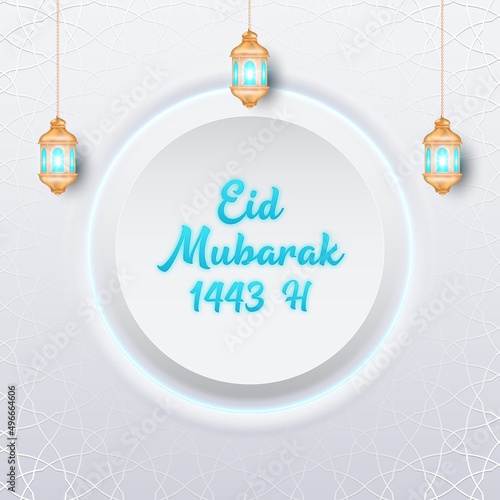White luxury eid mubarak background with decorative ornament pattern and lanterns Premium Vector	
