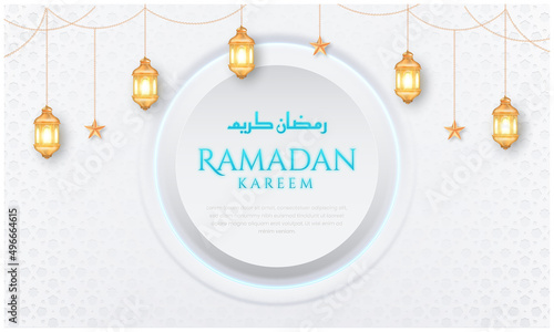 White luxury ramadanbackground with decorative ornament pattern and lanterns Premium Vector	