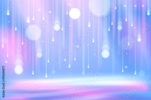 Blue and pink background with falling magic particles in waves, circles and line trail light effect vector illustration. Bokeh in pastel backdrop for digital presentation of product and advertising