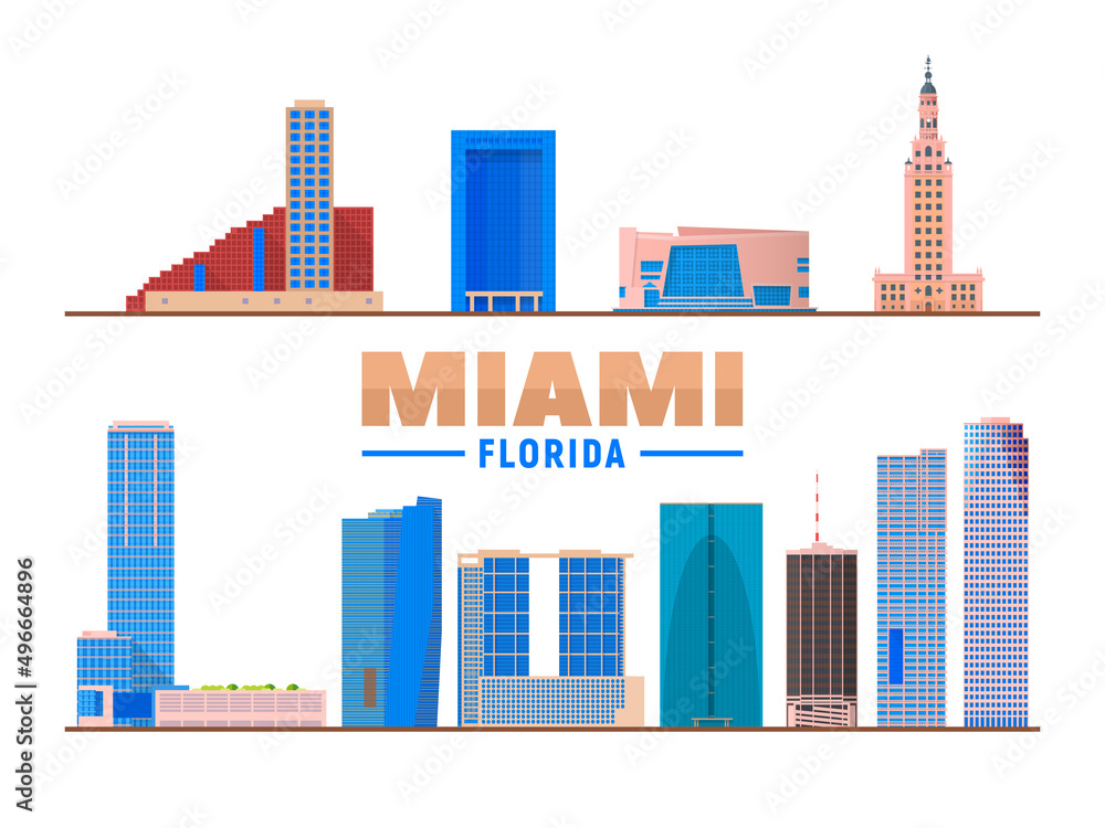 Fototapeta premium Miami Florida landmarks in white background. Vector Illustration. Business travel and tourism concept with modern buildings. Image for banner or web site.