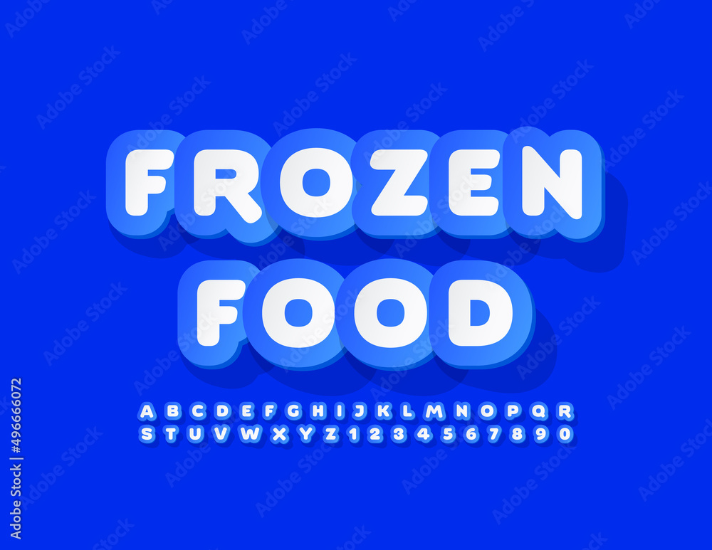 Vector creative banner Frozen Food with blue sticker Font. Bright set of Alphabet Letters and Numbers Vector creative banner Frozen Food with blue sticker Font. Bright set of Alphabet Letters and Numbers
