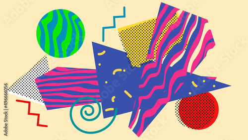 colored shapes abstract background 80e style, bright vintage retro illustration