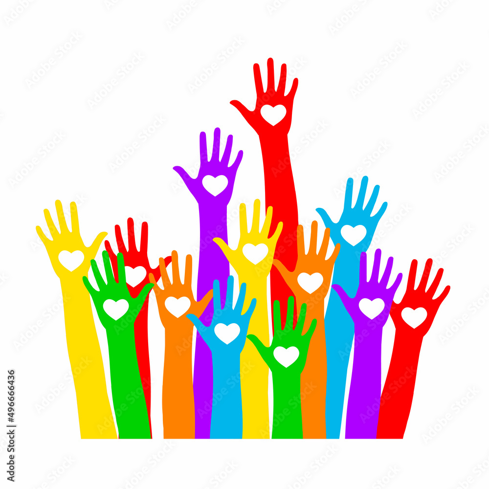 Iridescent hand with heart on palm, isolated on white background. Logo colored hands metaphor of choice Iridescent hand with heart on palm, isolated on white background. Logo colored hands metaphor of choice