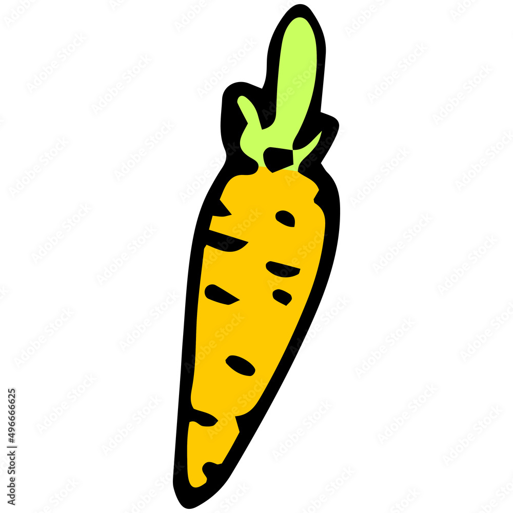 the yellow carrot icon. a small yellow carrot drawn in a doodle style with green leaves on a white, black outline for a design template the yellow carrot icon. a small yellow carrot drawn in a doodle style with green leaves on a white, black outline for a design template