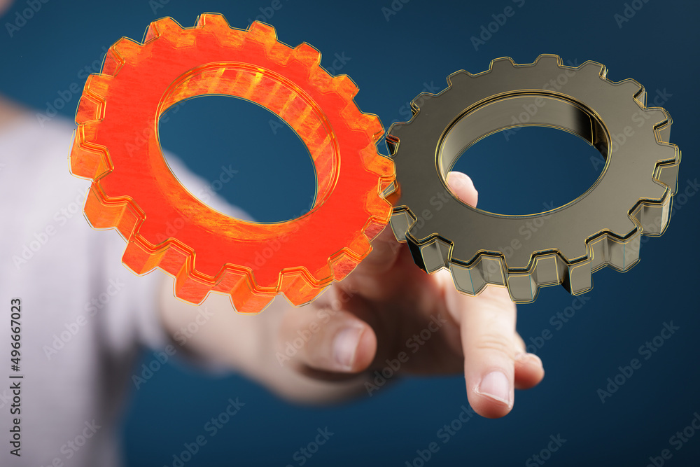 Man draws gears on virtual screen. Blurred Abstract engine room.. Man draws gears on virtual screen. Blurred Abstract engine room..