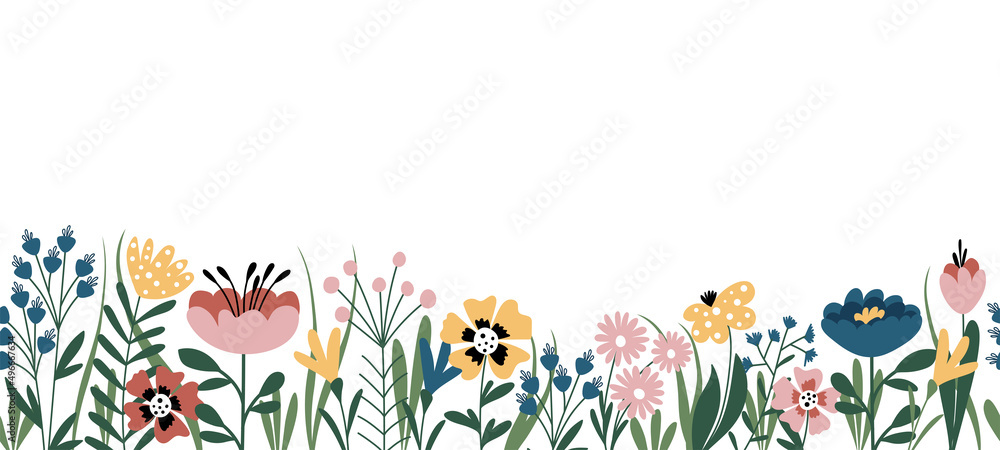 Horizontal seamless floral border on a white background. Banner or background with blooming flowers and leaves. Spring and summer botanical border, flat vector illustration. Horizontal seamless floral border on a white background. Banner or background with blooming flowers and leaves. Spring and summer botanical border, flat vector illustration.