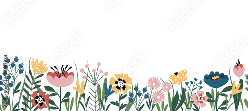 Horizontal seamless floral border on a white background. Banner or background with blooming flowers and leaves. Spring and summer botanical border, flat vector illustration.