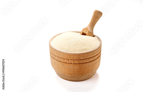 Semolina in bowls and bags isolated on a white background. High quality photo