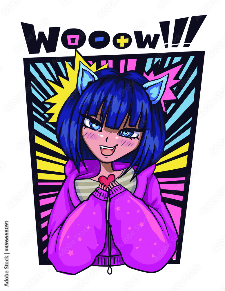 Poster Anime girl with dark blue hairstyle and cat ears . Cute cartoon