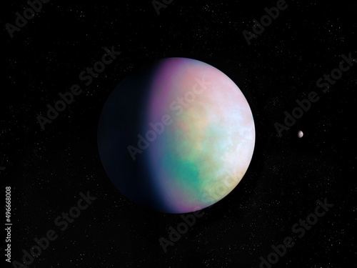Amazing exoplanet, sci-fi background. Planet with atmosphere and solid surface in space. Alien planet in bright colors.  © Nazarii