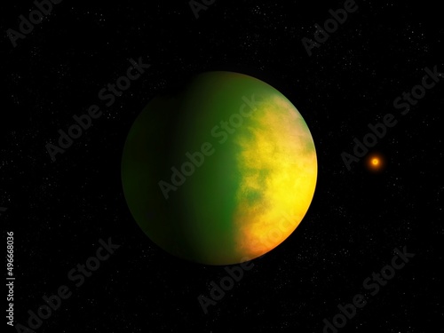 Far exoplanet from alien star system. Extrasolar planet, realistic Super-earth. Beautiful space background.  © Nazarii