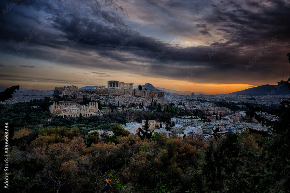 Early morning in Athens, sunrise over the Acropolis