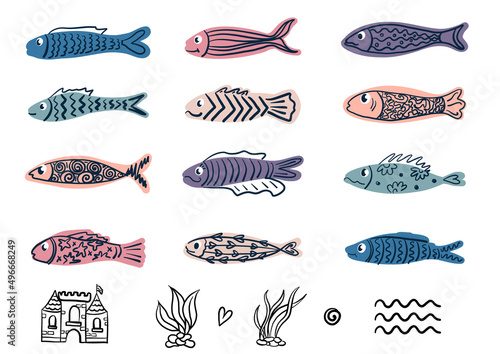 Fishes hand drawn set in doodle style