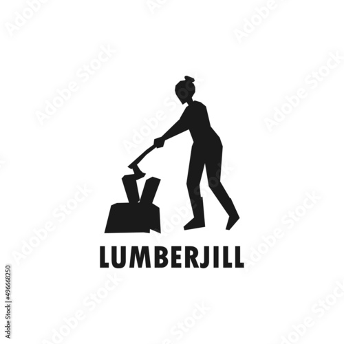 Woman cutting woods with axe. Female wood worker simple black vector silhouette illustration.