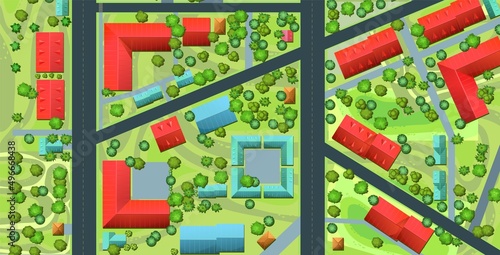 Industrial building. Streets of city. Top View from above. Small town house and road. Map with roads, trees and buildings. Modern car. Cartoon cute style illustration. Vector