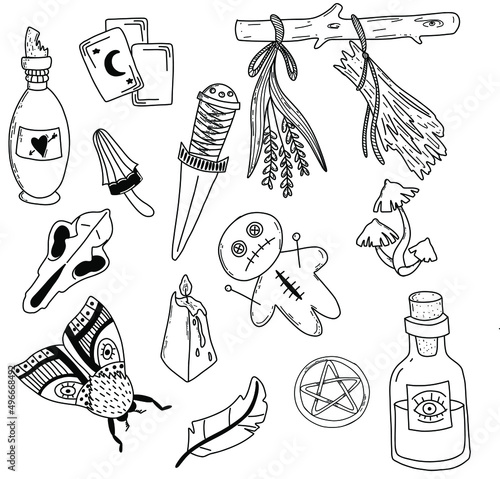 Hand drawn magic set, witchcraft vector doodle. Magician and alchemy tools collection: feather, mushrooms, candle, herbs, bones. Vector illustration