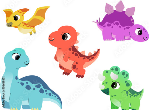 Vector illustration of dinosaurs. Cute design, Tyrannosaurus rex, Triceratops, Brachiosaurus, Stegosaurus, Pteranodon.