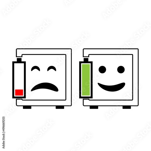 Money vault and battery icon vector.  Concept of happy when a lot of money saved and sad when little money saved in the money vault.