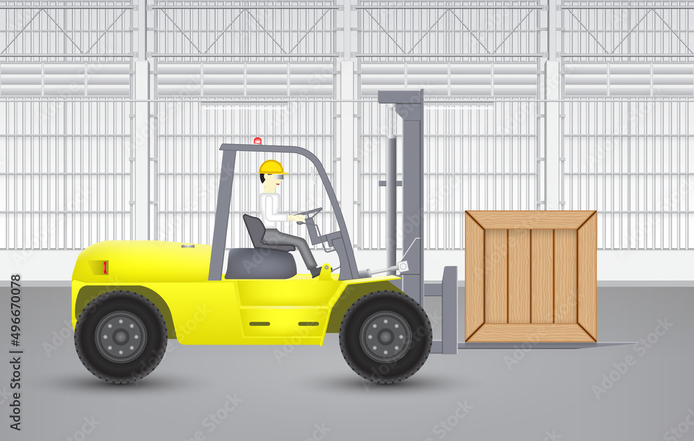 Vector of driver, worker to moving goods, crate box at interior of warehouse or factory by forklift. Concept for inventory, logistic, shipping and delivery. Freight transport and distribution industry