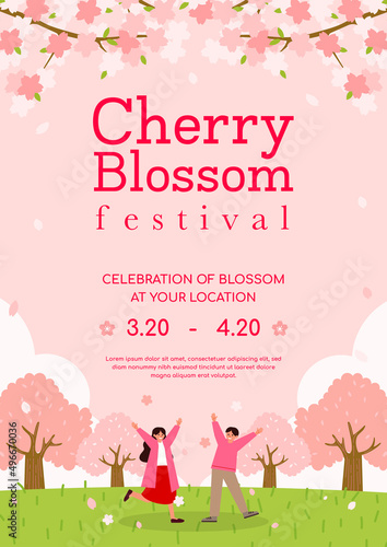 Cherry blossom festival poster invitation vector design. Blooming Sakura flower in the park with lover