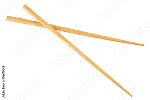 Pair of wooden chopsticks isolated on a white background, top view. photo