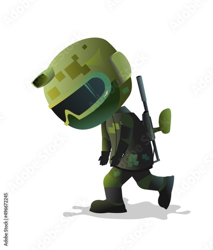 Warrior paintball player goes sad. Comic funny character. Helmet, mask and uniform. Isolated on white background. Vector