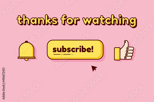 Illustration thanks for watching, Vector Graphic Doodle Art of Subscribe Button, Like and Notification Bell Icon. Suitable for vlog asset