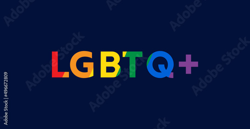 LGBTQ+ Rainbow Text Banner. LGBTQ+ Typography with Pride Flag Rainbow Colours Isolated on Dark Blue Background. Web Banner for Pride Month