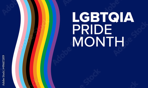 LGBTQ+ Pride Month Banner. LGBTQIA Pride Month Text on Dark Blue Background with Pride Flag Illustration