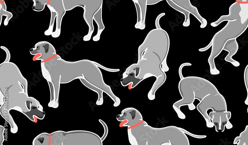 Seamless pattern with dogs in various poses in cartoon.Cute animals characters  on black.Background and texture for printing on fabrics and paper.Hand drawn vector illustration for design card. 
