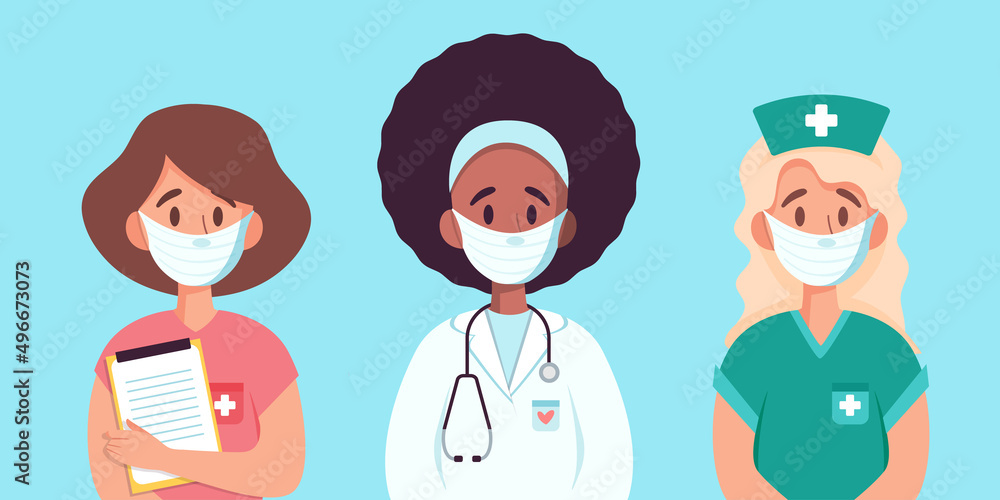 Obraz premium Vector set of woman in medical uniform and face mask. Female doctor and nurse. Vector illustration. Coronovirus.