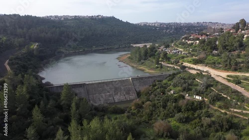 Jerusalem Dam in the spring aerial view
Drone view over Beit zait barrage , April 2022  
 photo