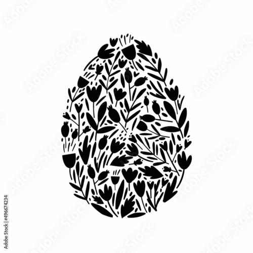 Easter egg silhouette from flowers. flat vector illustration hand drawn.