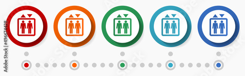 Elevator, lift concept vector icon set, infographic template, flat design colorful web buttons in 5 color options