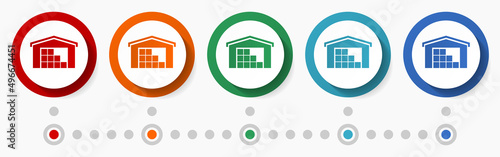 Warehouse, store concept vector icon set, infographic template, flat design colorful web buttons in 5 color options