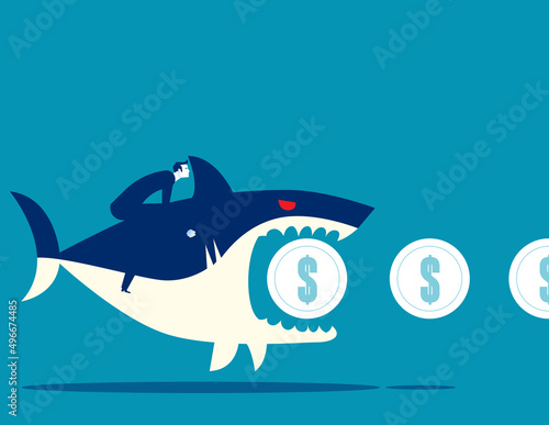 Angry shark biting coin. Business vector illustration concept