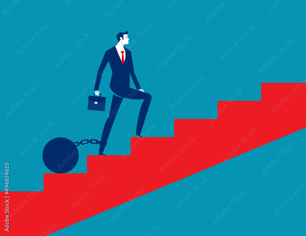 Fototapeta premium Businessman walking up stairs with weighted pendulum. Business vector illustration concept