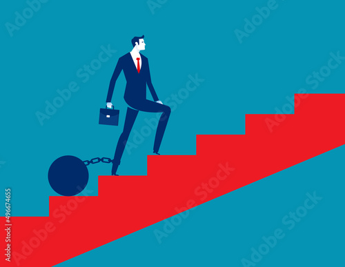 Businessman walking up stairs with weighted pendulum. Business vector illustration concept