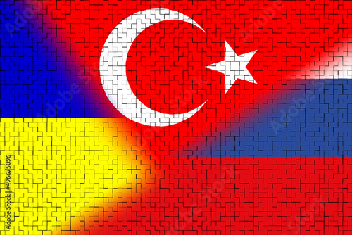 Ukraine, Russia and Turkey. Turkey , Russia and Ukraine flag. Concept of negotiations, association of countries, political and economic relations. Horizontal design. Abstract design. 3D illustration.