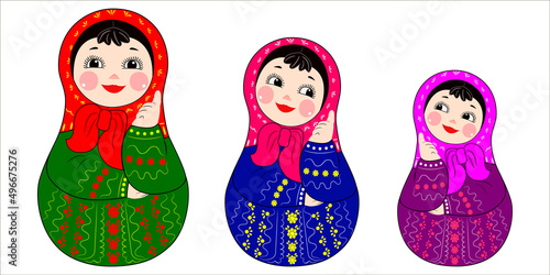 Russian Matryoshka with ornamental pattern. on white background. Vector illustration.