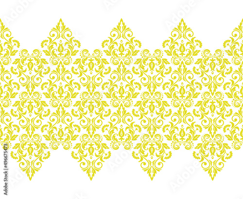 Wallpaper in the style of Baroque. Seamless vector background. White and yellow floral ornament. Graphic pattern for fabric, wallpaper, packaging. Ornate Damask flower ornament