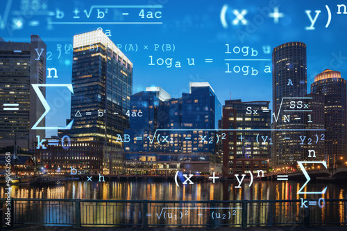 City view panorama of Boston Harbour and Seaport Blvd at night time, Massachusetts. Building exteriors of financial downtown. Education concept. Academic research, top ranking universities, hologram