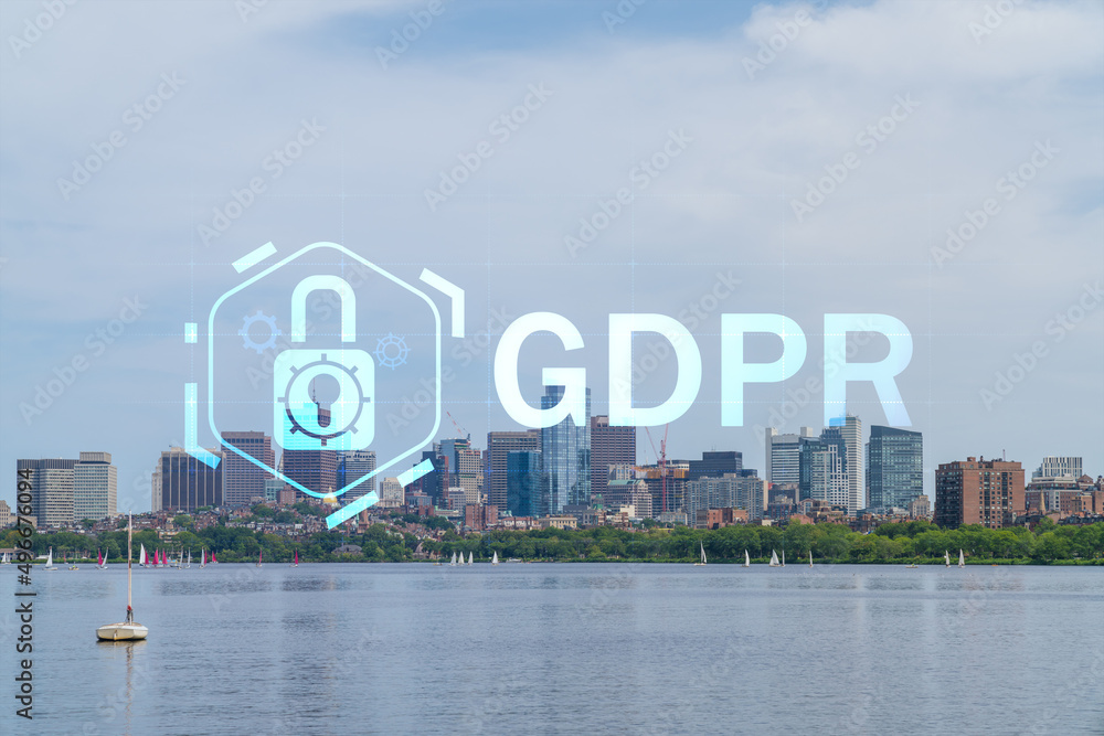 Panorama skyline, city view of Boston at day time, Massachusetts. Building exteriors of financial downtown. GDPR hologram is data protection regulation and privacy for all individuals within EU Area