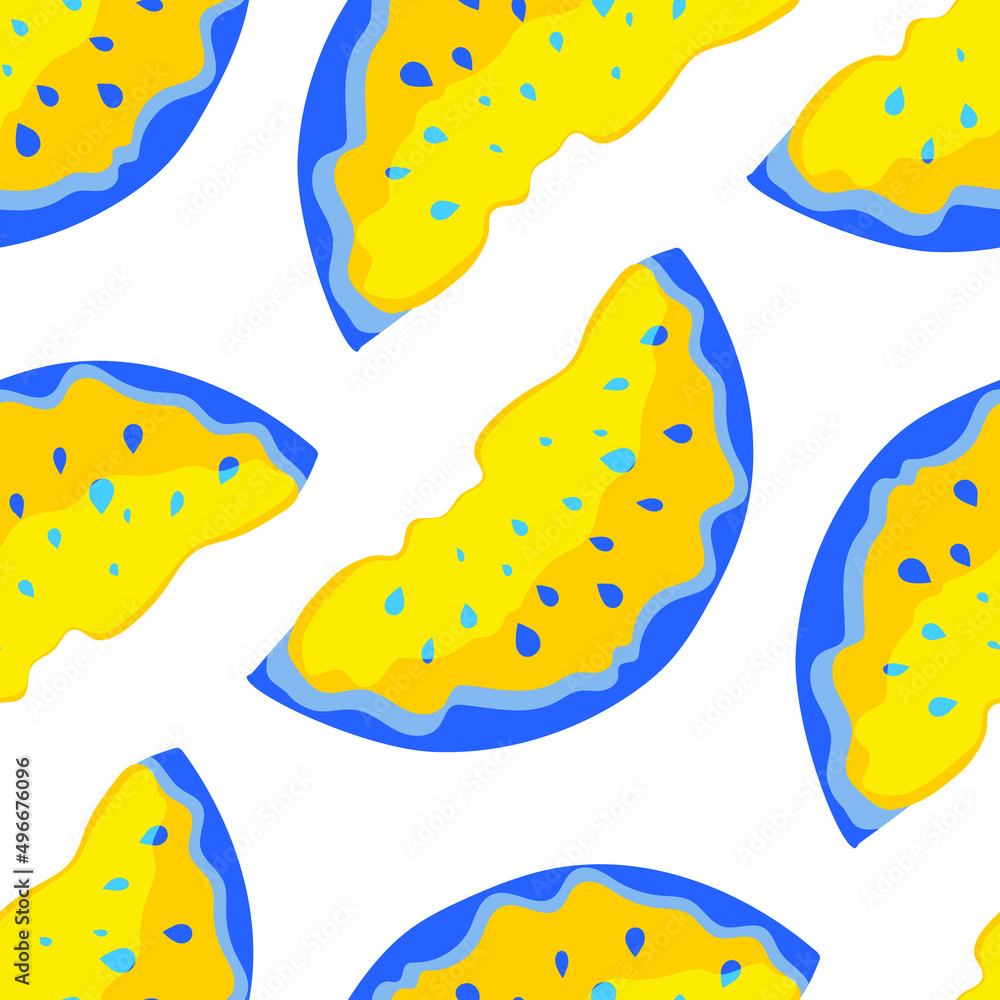 A piece of yellow watermelon with blue seeds on a white background. Seamless cute pattern for modern textile, decorative paper. Vector. A piece of yellow watermelon with blue seeds on a white background. Seamless cute pattern for modern textile, decorative paper. Vector.