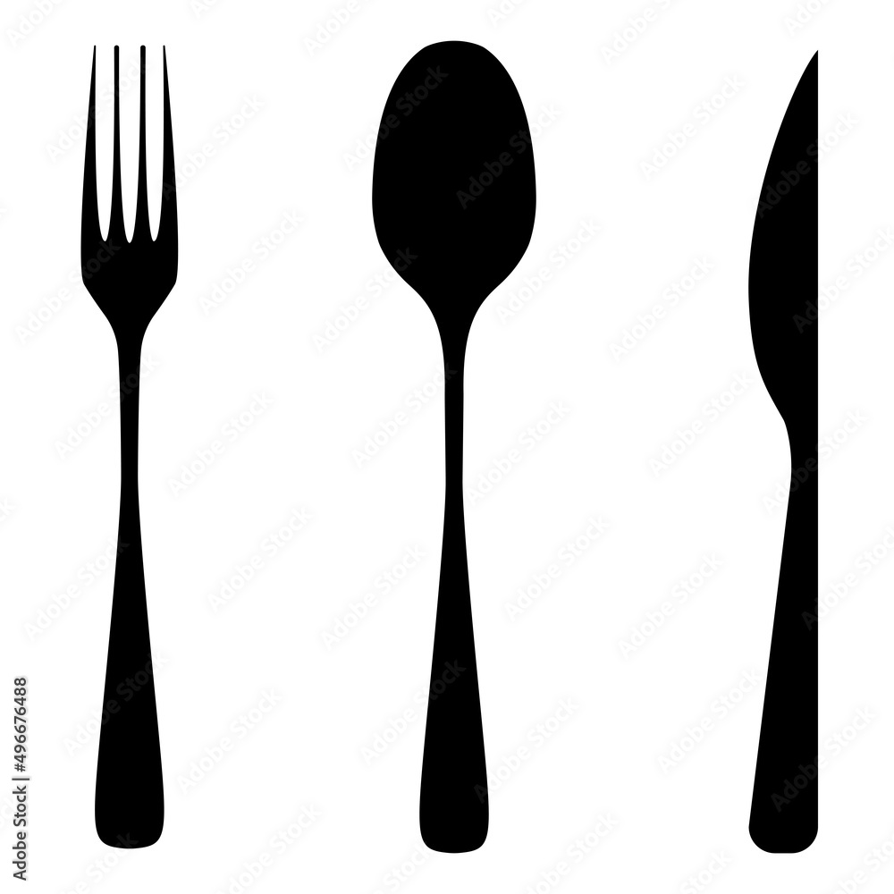 Black and white vector illustration of a spoon, fork and knife. Cutlery silhouettes on white background. Black and white vector illustration of a spoon, fork and knife. Cutlery silhouettes on white background.