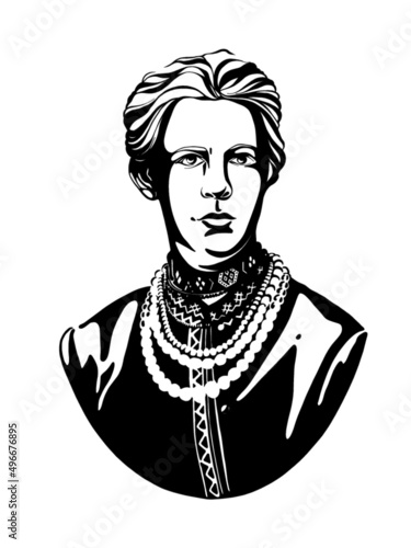 Hand drawn linear portrait historical figure. Lesya Ukrainka